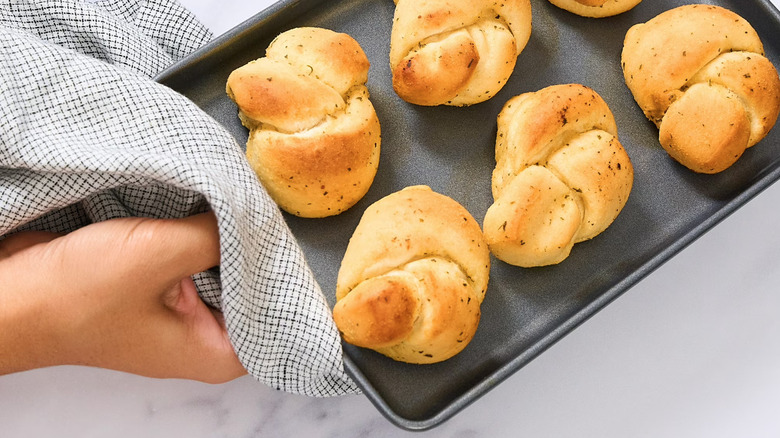 Garlic knots on baking sheet
