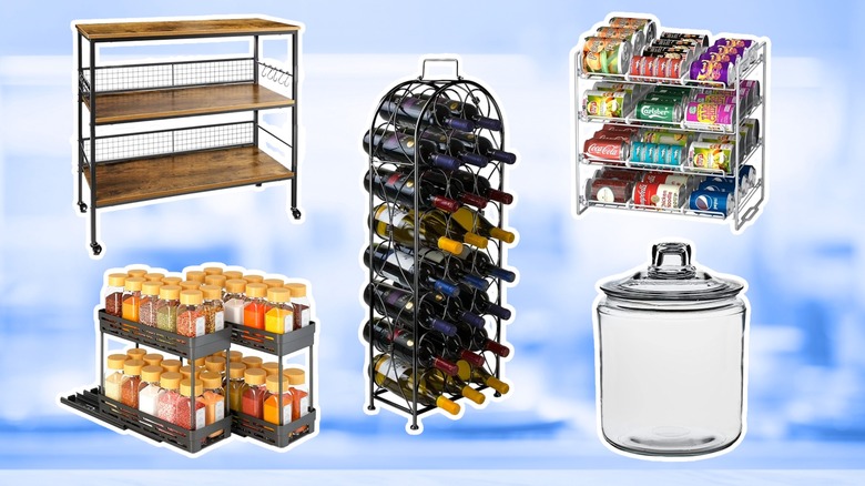 Composite image with a glass jar, wine rack, spice rack, rolling cart, and can rack against a blurry white and blue background