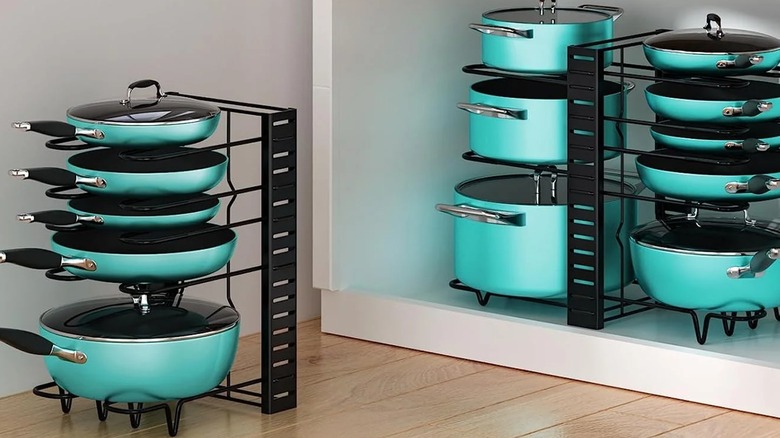 Phancir Pots and Pans Organizer Rack in two different configurations with teal pots and pans