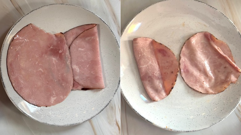 Side-by-side of Costco and Walmart Black Forest ham deli meat slices on white plates