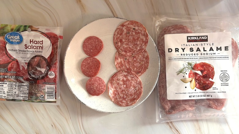 Costco and Walmart Salami packages with place of salami slices between them