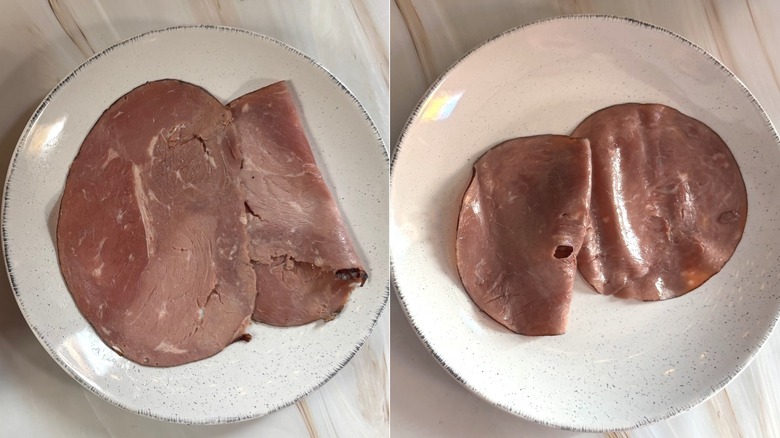 Side-by-side of Costco and Walmart roast beef deli meat slices on white plates