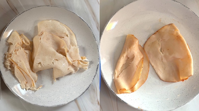 Side-by-side of Costco and Walmart chicken deli meat slices on white plates