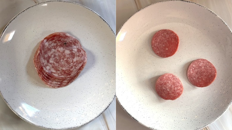 Side-by-side of Costco and Walmart salami slices on white plates
