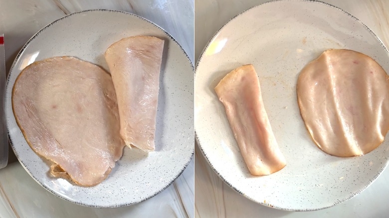Side-by-side of Costco and Walmart turkey deli meat slices on white plates
