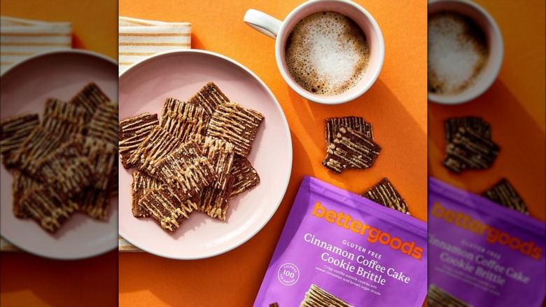 bettergoods cinnamon coffee cake cookie brittle on plate beside packaging and mug of coffee