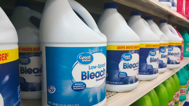 Jugs of Great Value bleach on shelf