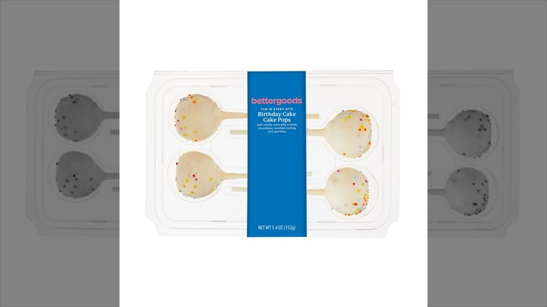 Package of four Walmart's bettergoods Birthday Cake Cake Pops in a plastic container with blue label