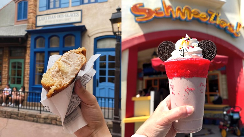 split image of an ice cream sandwich from Epcot and a Minnie Mouse milkshake