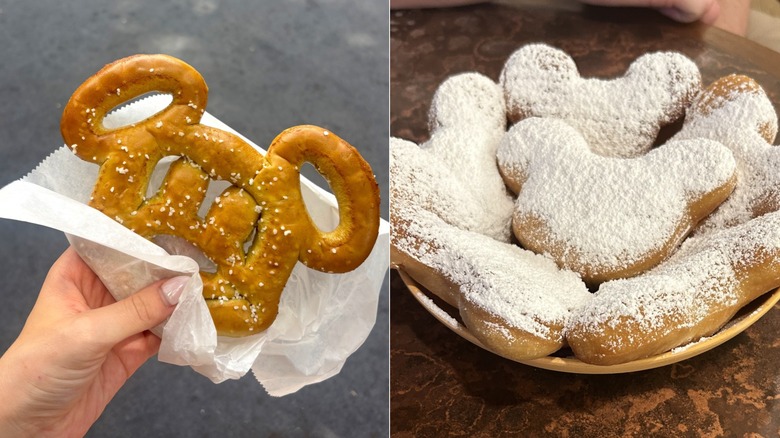 split image of Mickey pretzel and Mickey beignets
