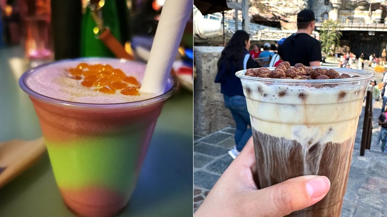 split image of a Night Blossom drink and Cold Brew Black Caf from Disney