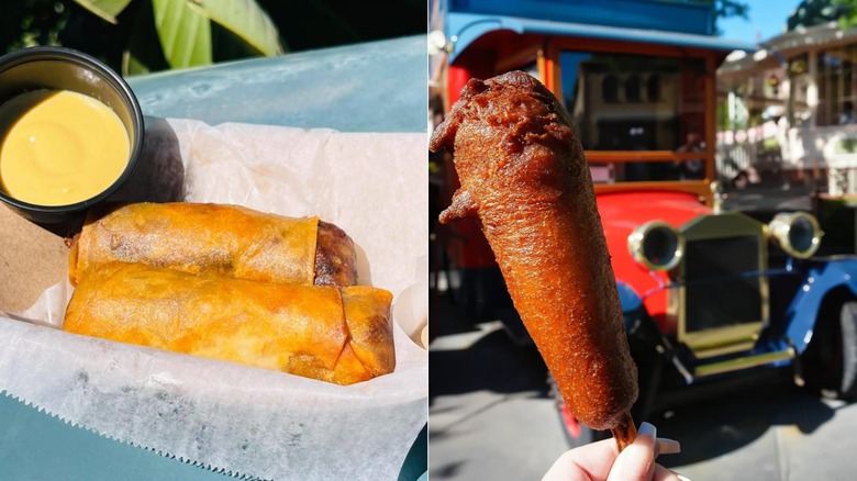 split image of Disney cheeseburger spring rolls and hand dipped corn dog