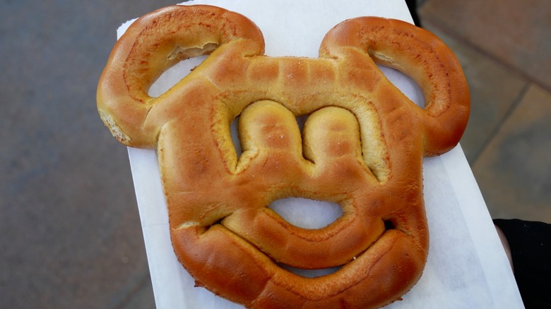 close up of a Mickey Mouse shaped pretzel