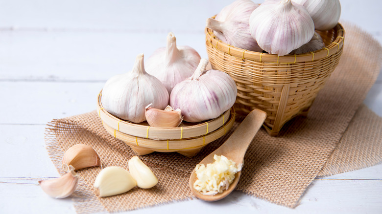 Garlic cloves in baskets