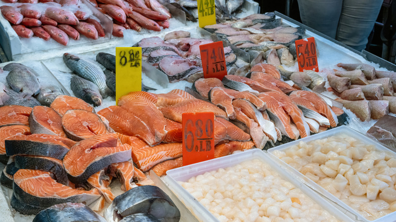 Pricing placards in front of fresh fish laid out at market