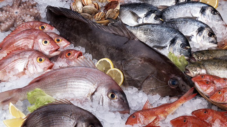 Fish piled in a crowded market display