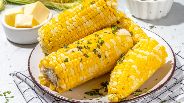 Boiled corn cobs with herbs and butter