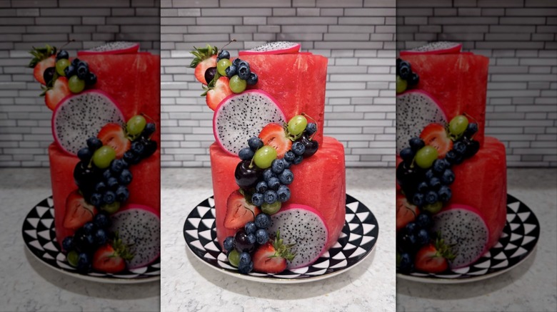 no-bake watermelon cake with fruit attached