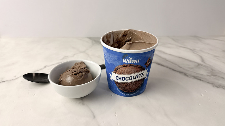 Wawa chocolate ice cream carton and scoop in a bowl with a spoon