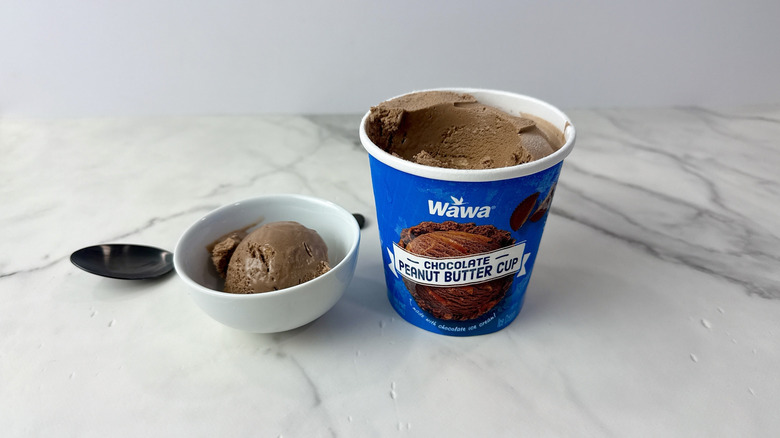 Wawa chocolate peanut butter cup ice cream carton and scoop in a bowl with a spoon