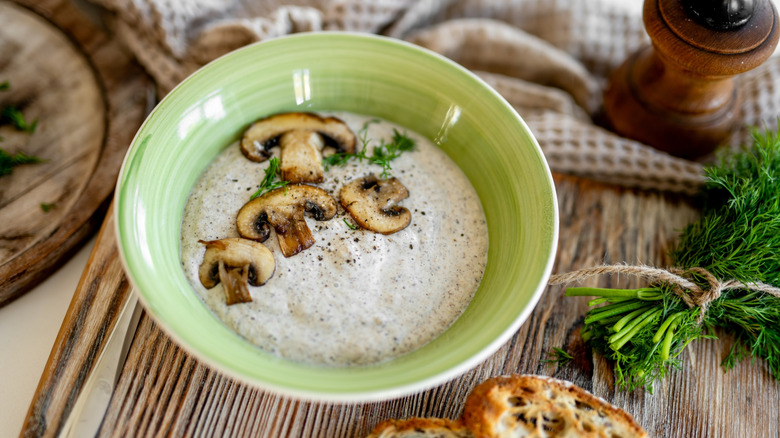 plated bowl of mushroom soup