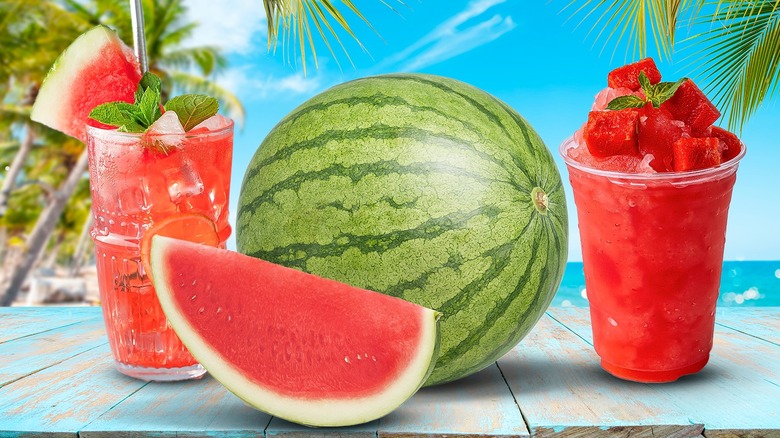 Two glasses with watermelon juice and watermelon slices.