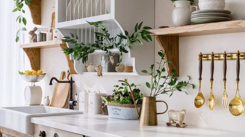 Kitchen with decorative utensils and plates on open shelves
