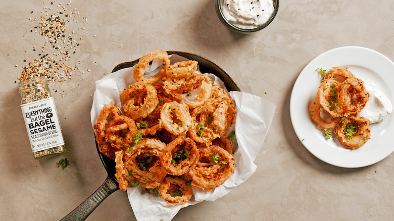 Trader Joe's Everything But the Bagel Seasoning and fried food in a pan.
