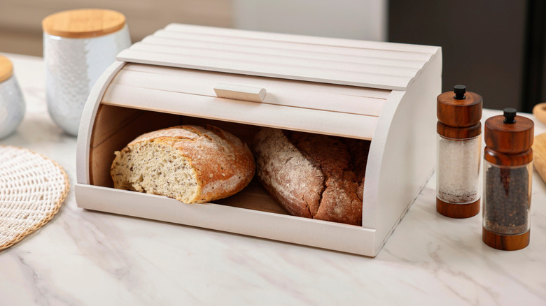 Closeup of a bread box filled with bread on the kitchen counter