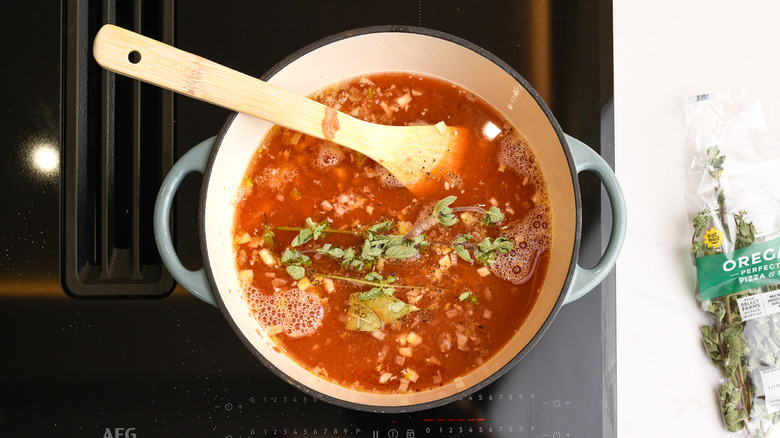 Tomato stew in large pan