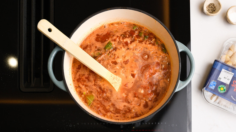 Simmering stew on stovetop