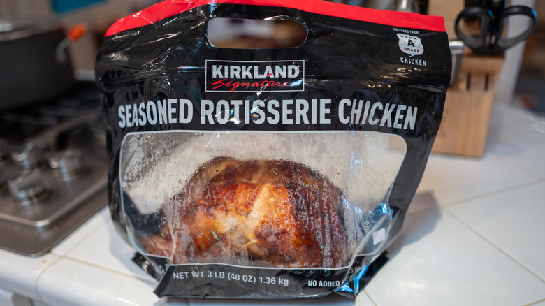 A bagged Kirkland Rotisserie Chicken