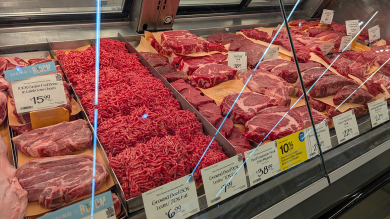 Meat butcher counter at Whole Foods.