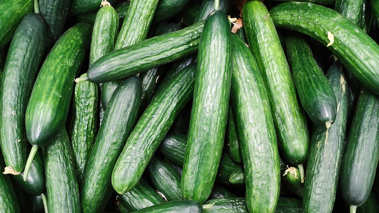 Top-down view of many cucumbers