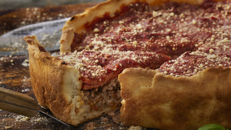 Close-up of Chicago pizza