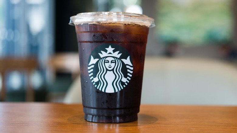 Iced black coffee in a plastic Starbucks cup
