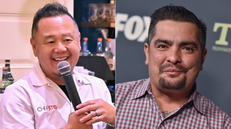 Jet Tila on a microphone, Aarón Sánchez on a red carpet, side by side