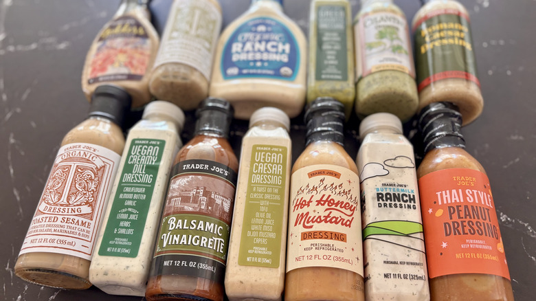 Various Trader Joe's bottled salad dressings on countertop