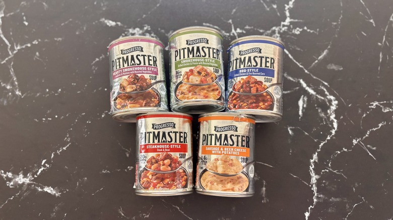 Progresso pitmaster soup cans laid out on countertop