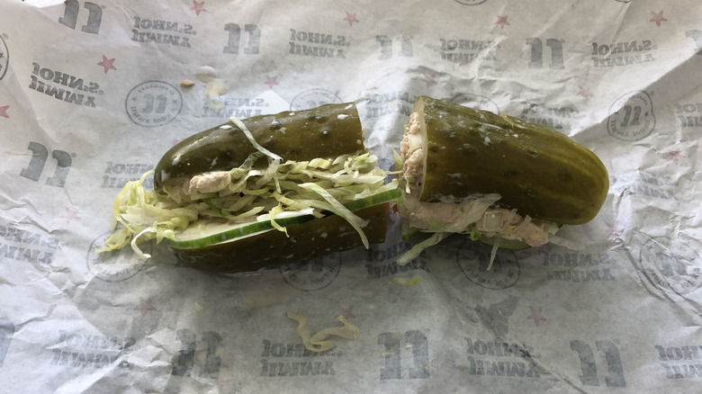 Jimmy John's Tuna Picklewich on paper wrapper.