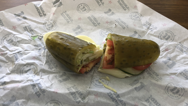 Jimmy John's Veggie Picklewich on paper wrapper.