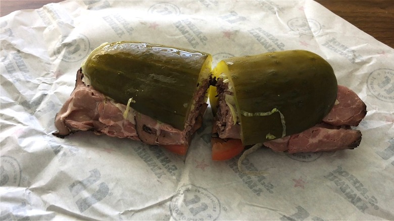 Jimmy John's Roast Beef Picklewich on paper wrapper.