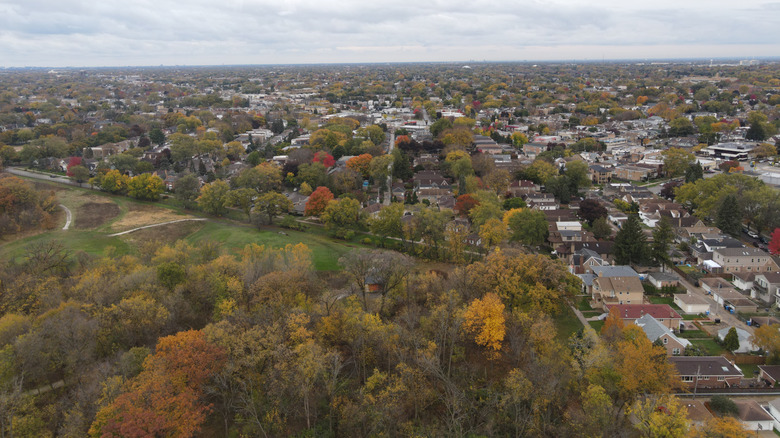 Aerial view of suburban Illinois during the autumn season