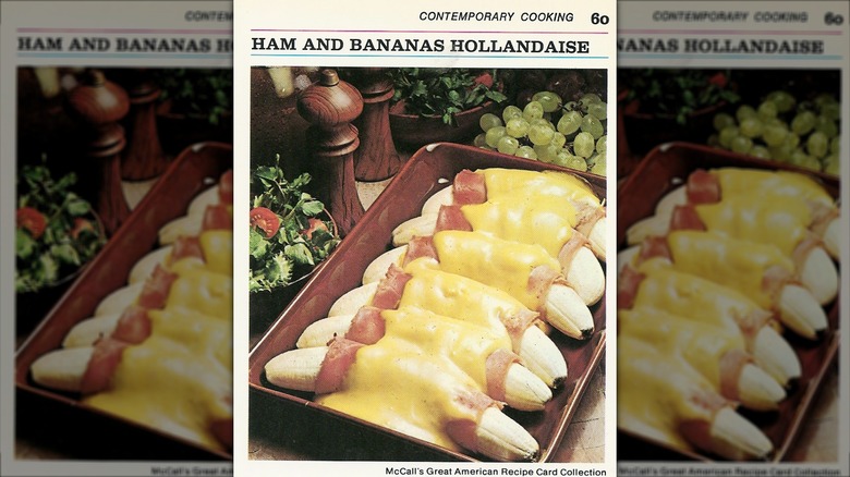 a recipe card featuring ham-wrapped bananas with hollandaise