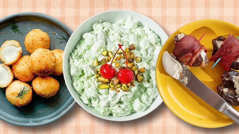 three plates with 1970s foods