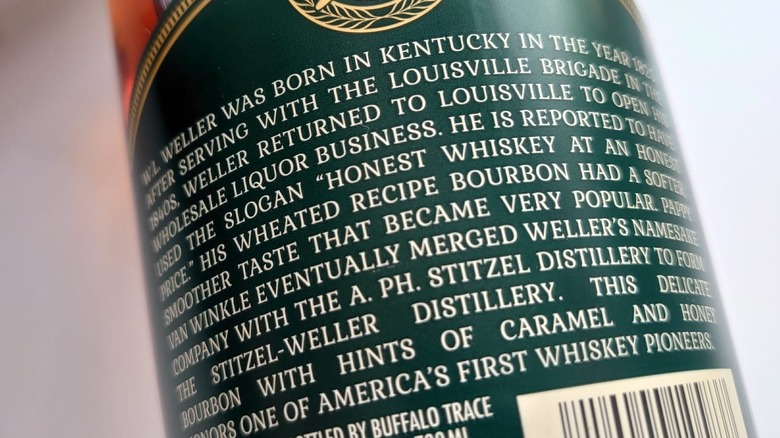 A close up of the back label, showing its "Honest whiskey at an honest price" slogan along with historical information