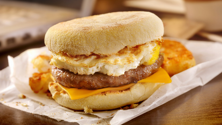Breakfast sandwich with sausage, egg, and cheese