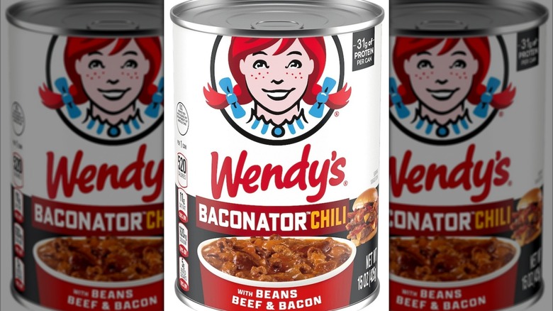 A can of Wendy's Baconator chili featuring the Wendy's logo on top and an image of their chili at the bottom