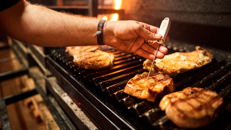Someone grilling meat checking with a meat thermometer