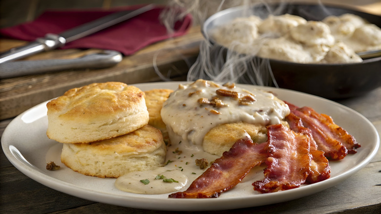 A southern style breakfast featuring biscuits, sausage gravy, and bacon